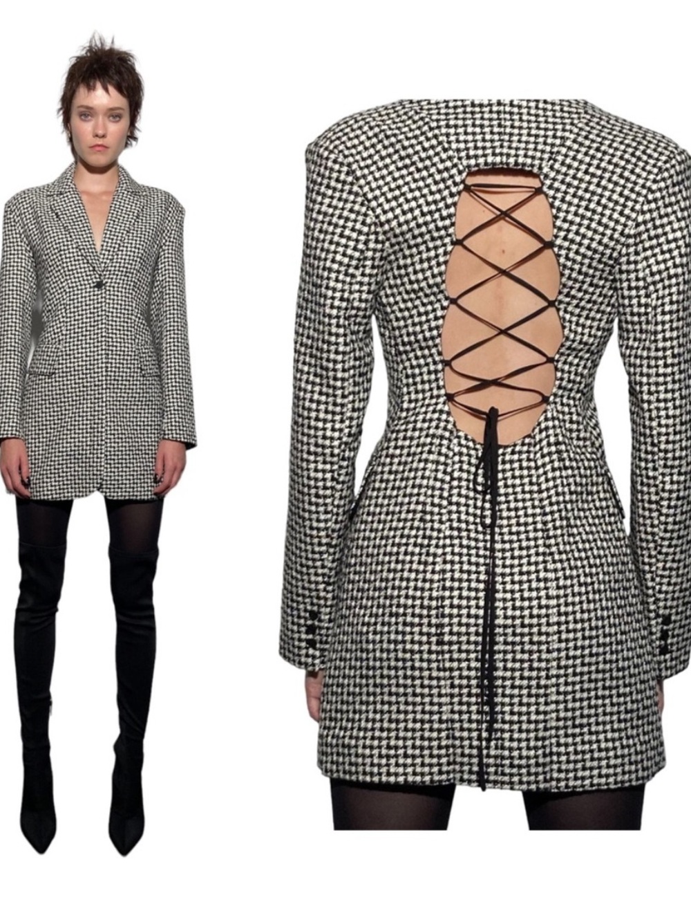 Zara Houndstooth Black & White Tailored Women's Dress - Picture 6 of 6